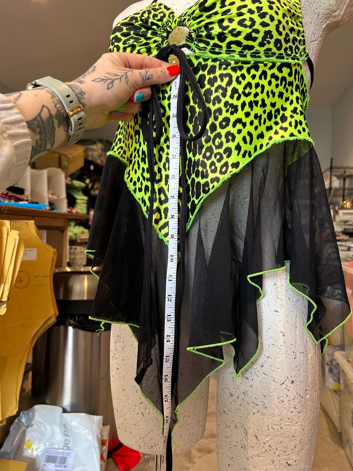 (R2S) UK 10 -Neon Green Leopard Dixe- Black mesh skirt
