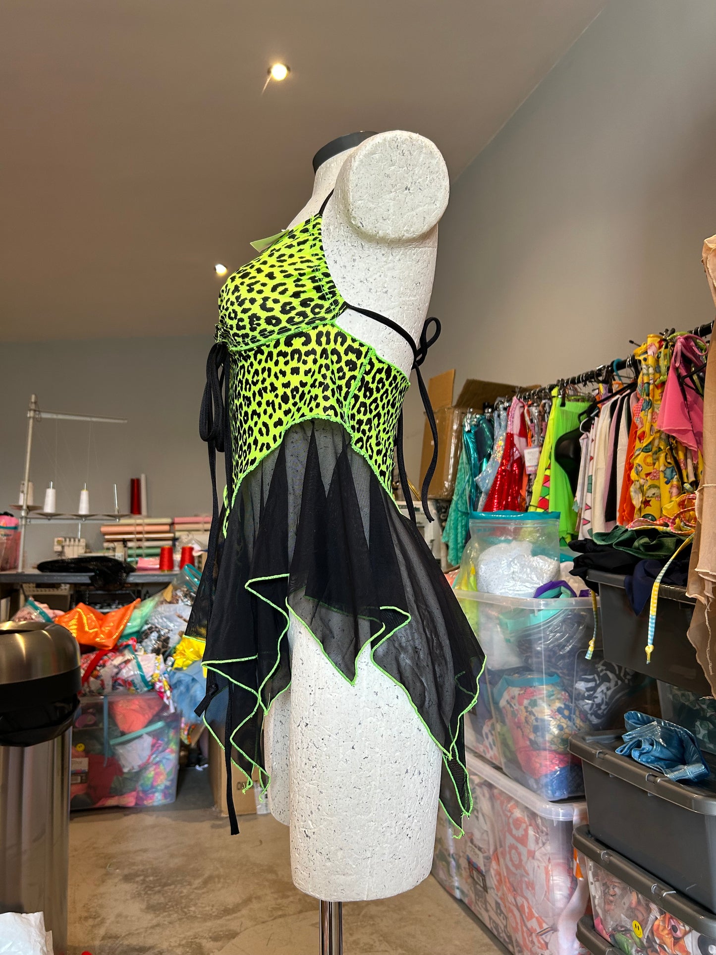 (R2S) UK 14 -Neon Green Leopard Dixie- Black mesh skirt