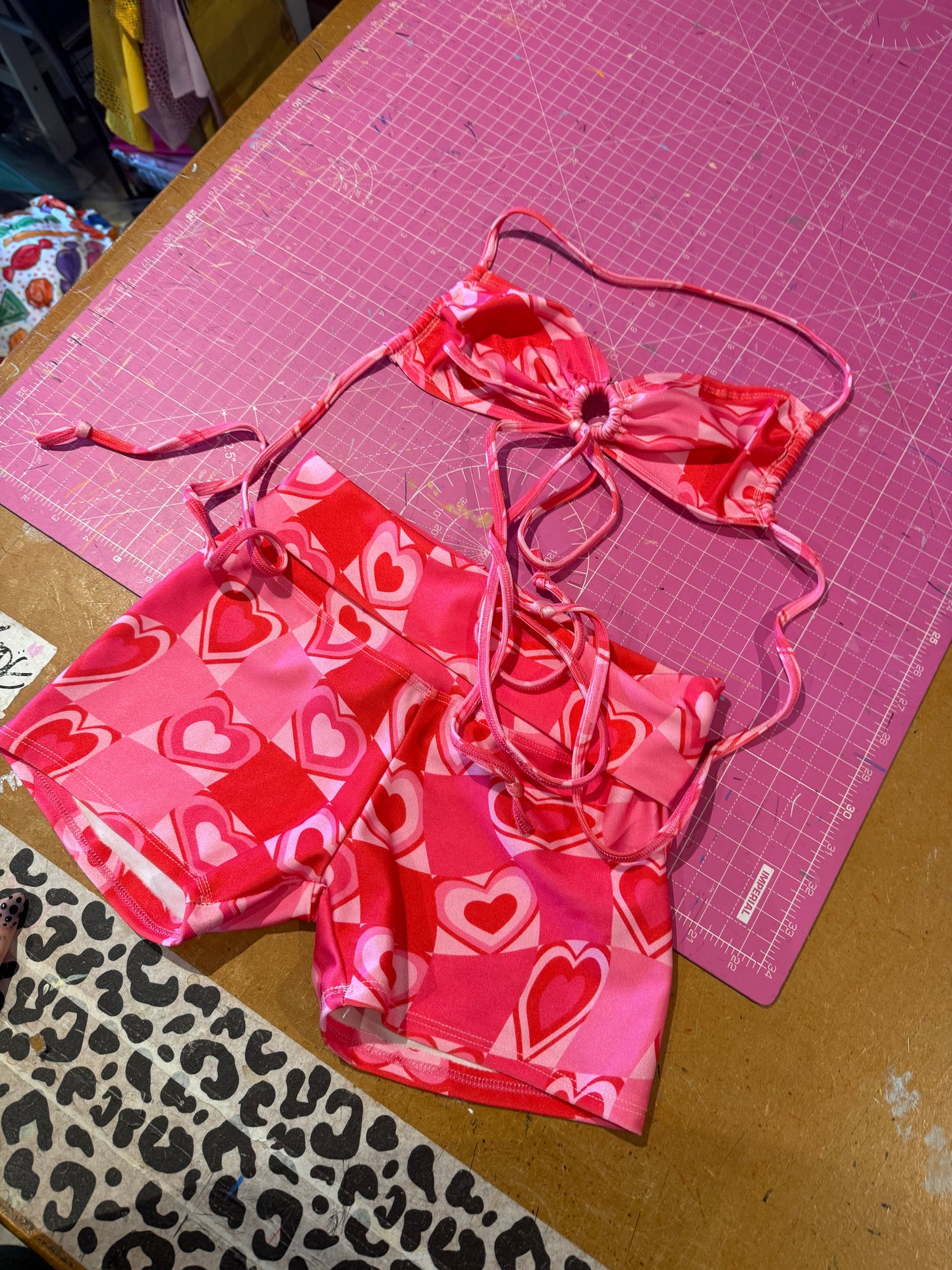 Sample sale// UK SIZE 8 / small Pink hearts low rise shorts + bikini top