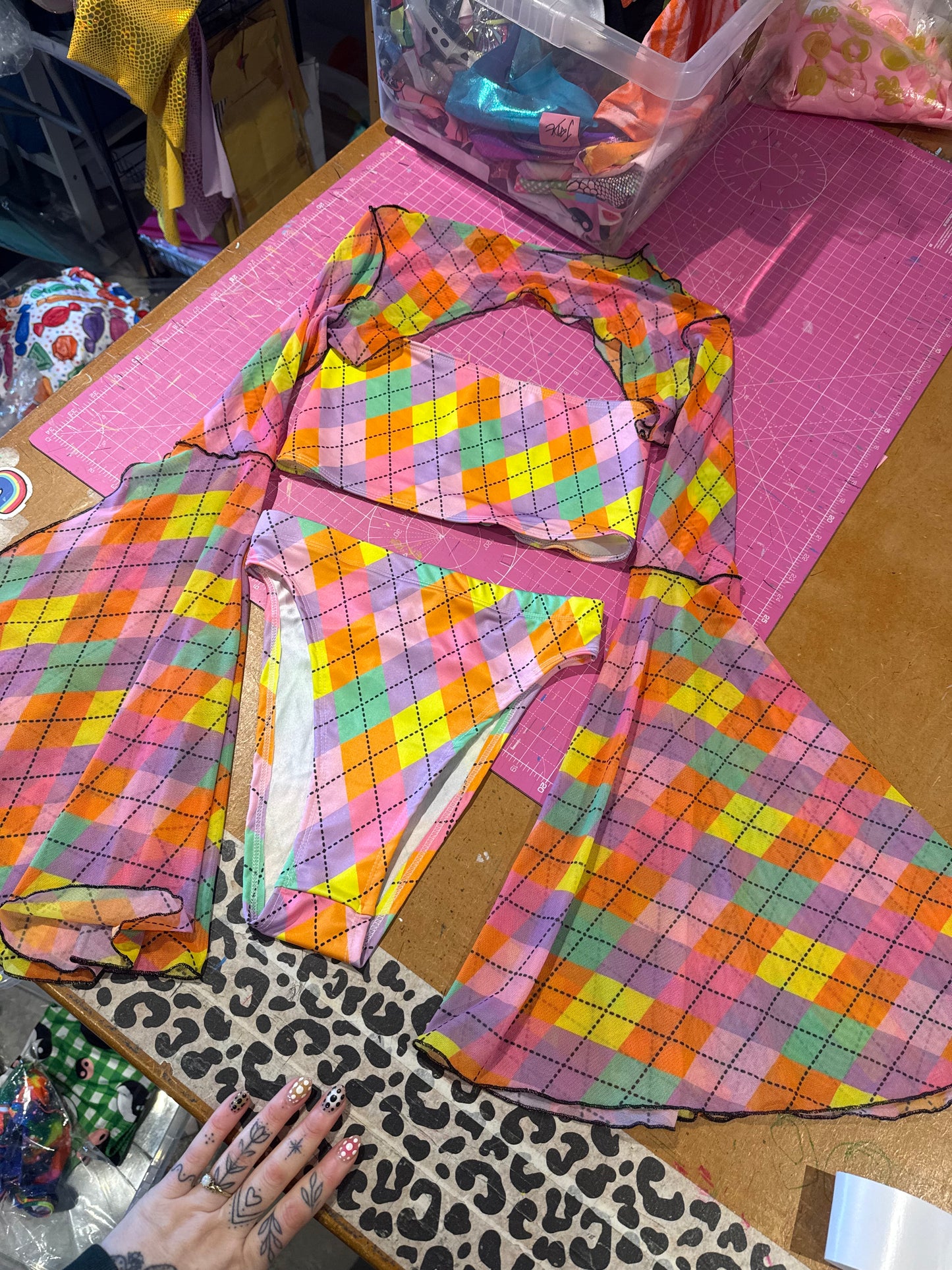 Sample sale// UK size 8- pastel argyle bikini and mesh bell sleeve top