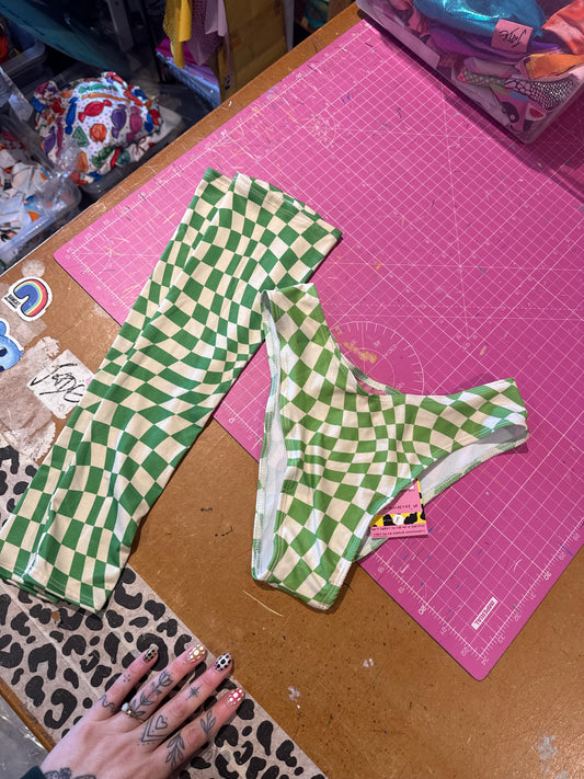 Sample sale// UK size 8- green warped check vshape bottoms + sleeves