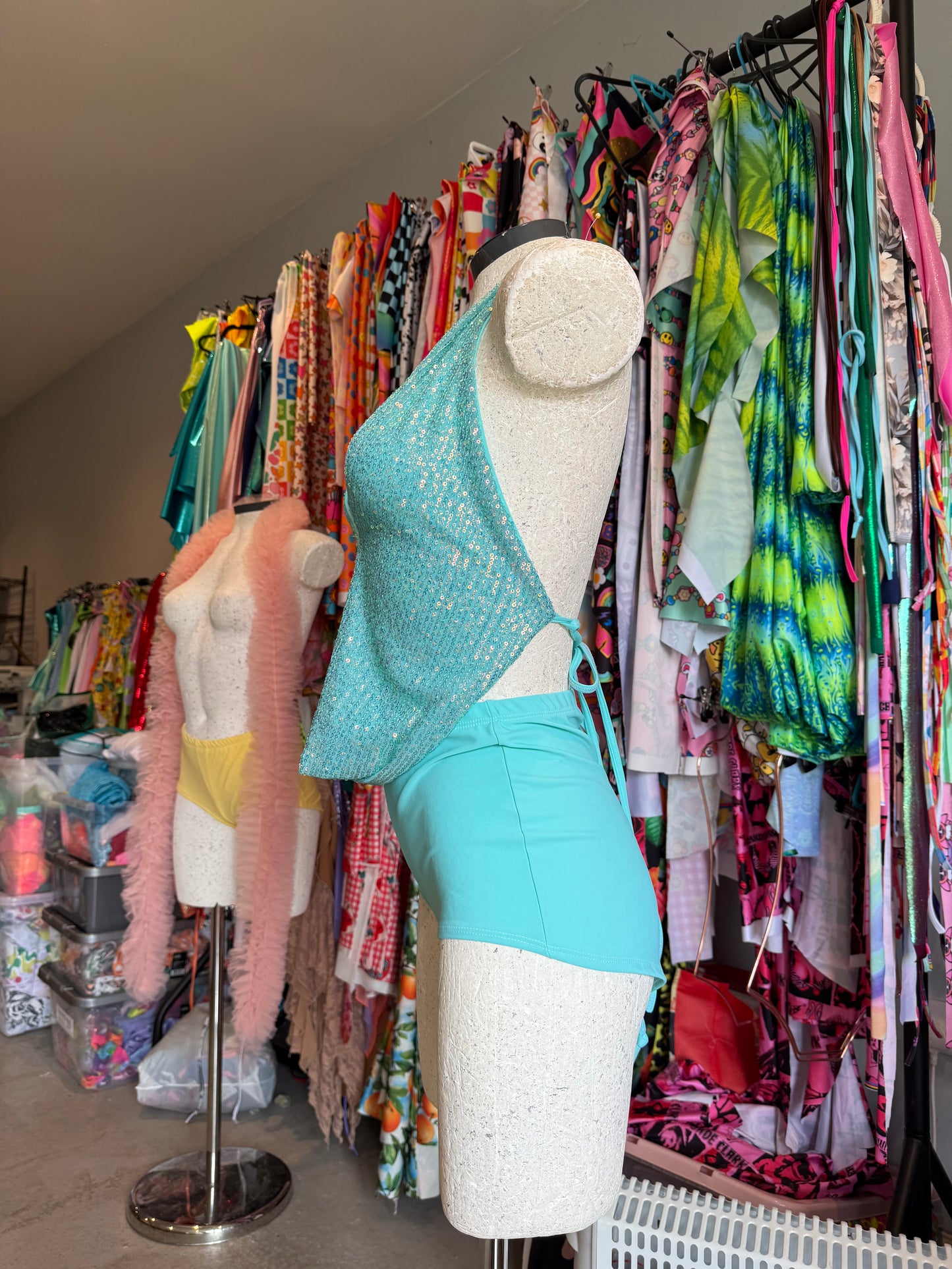 Aqua sequin Drop top shorts set
