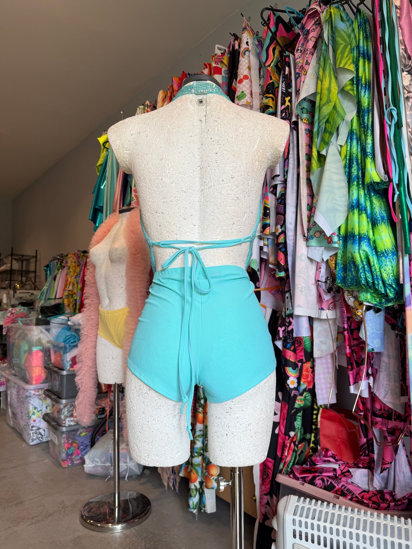 Aqua sequin Drop top shorts set