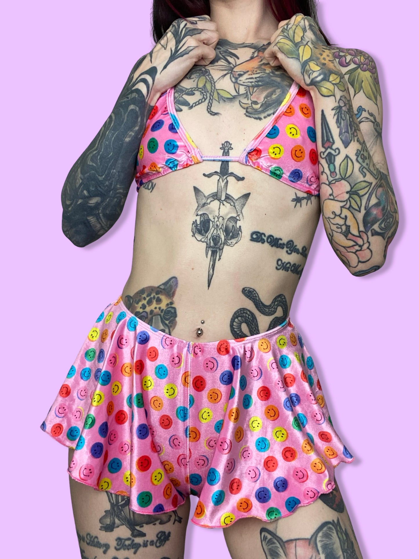 Zero Waste Mini shorts + bound triangle top set - Pink smiley