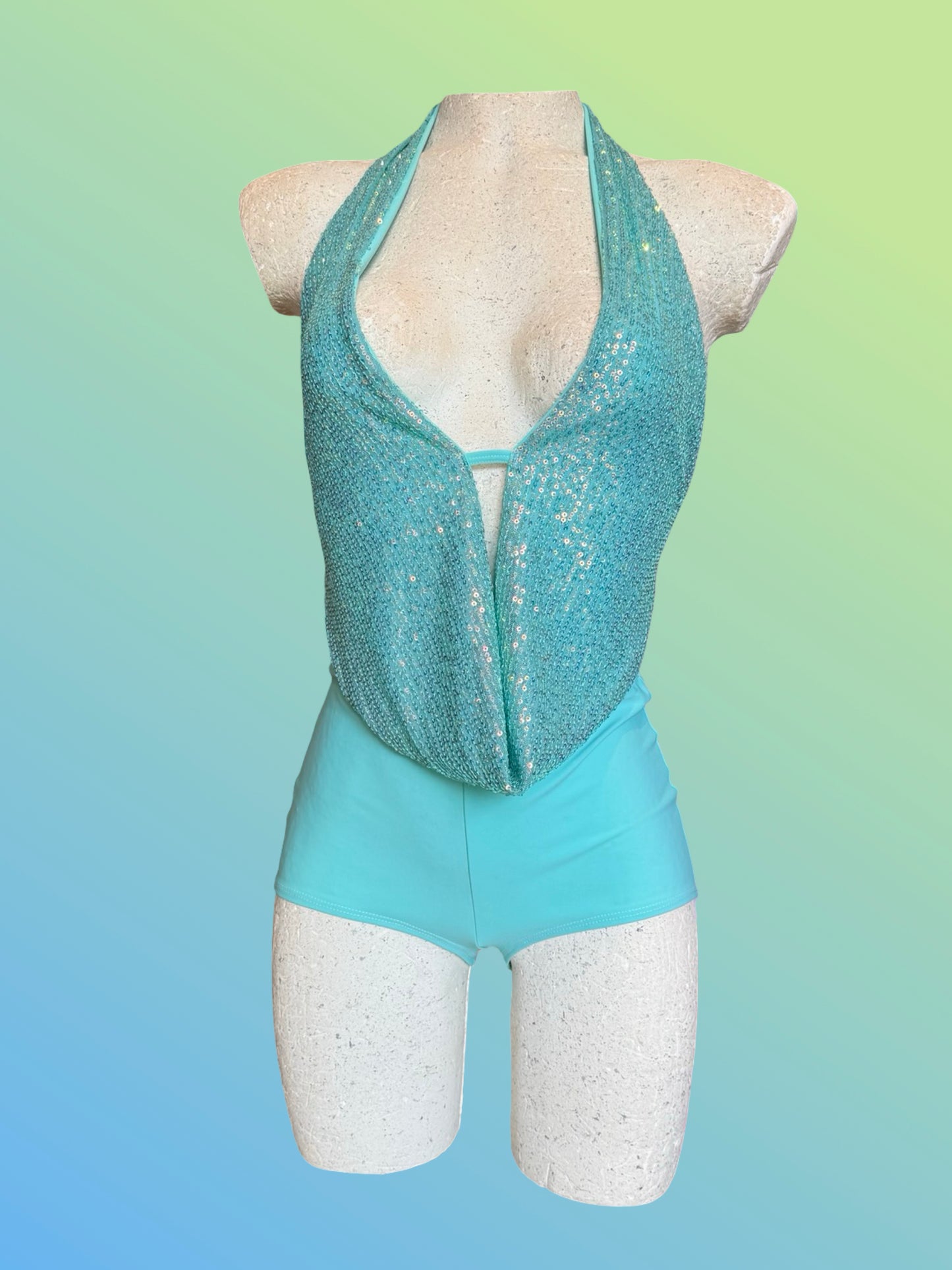 Aqua sequin Drop top shorts set