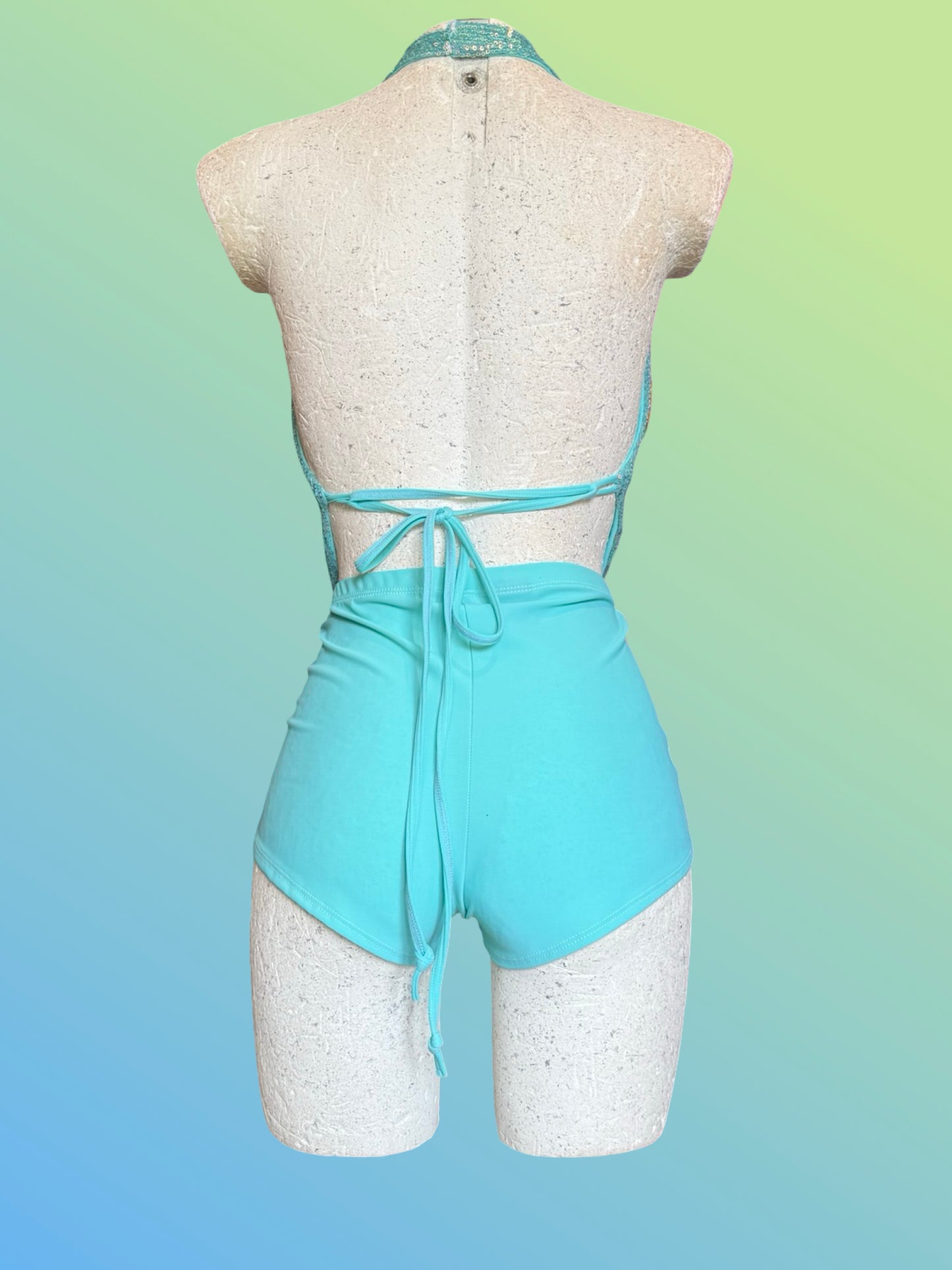 Aqua sequin Drop top shorts set