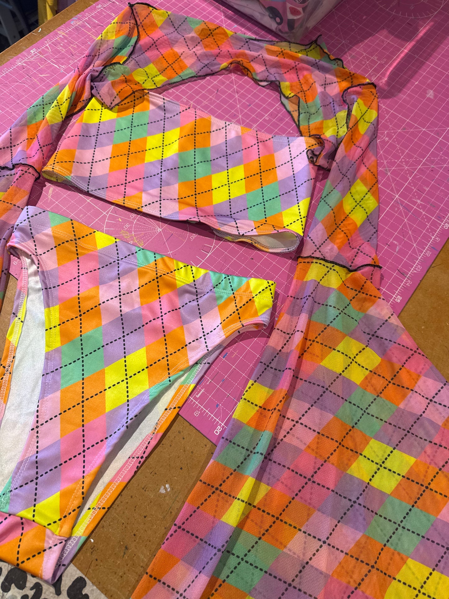 Sample sale// UK size 8- pastel argyle bikini and mesh bell sleeve top