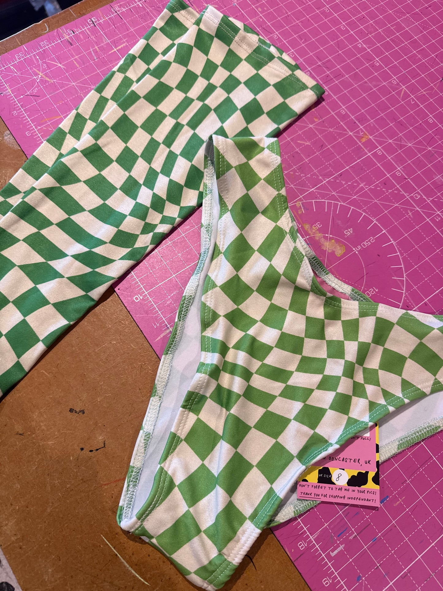 Sample sale// UK size 8- green warped check vshape bottoms + sleeves