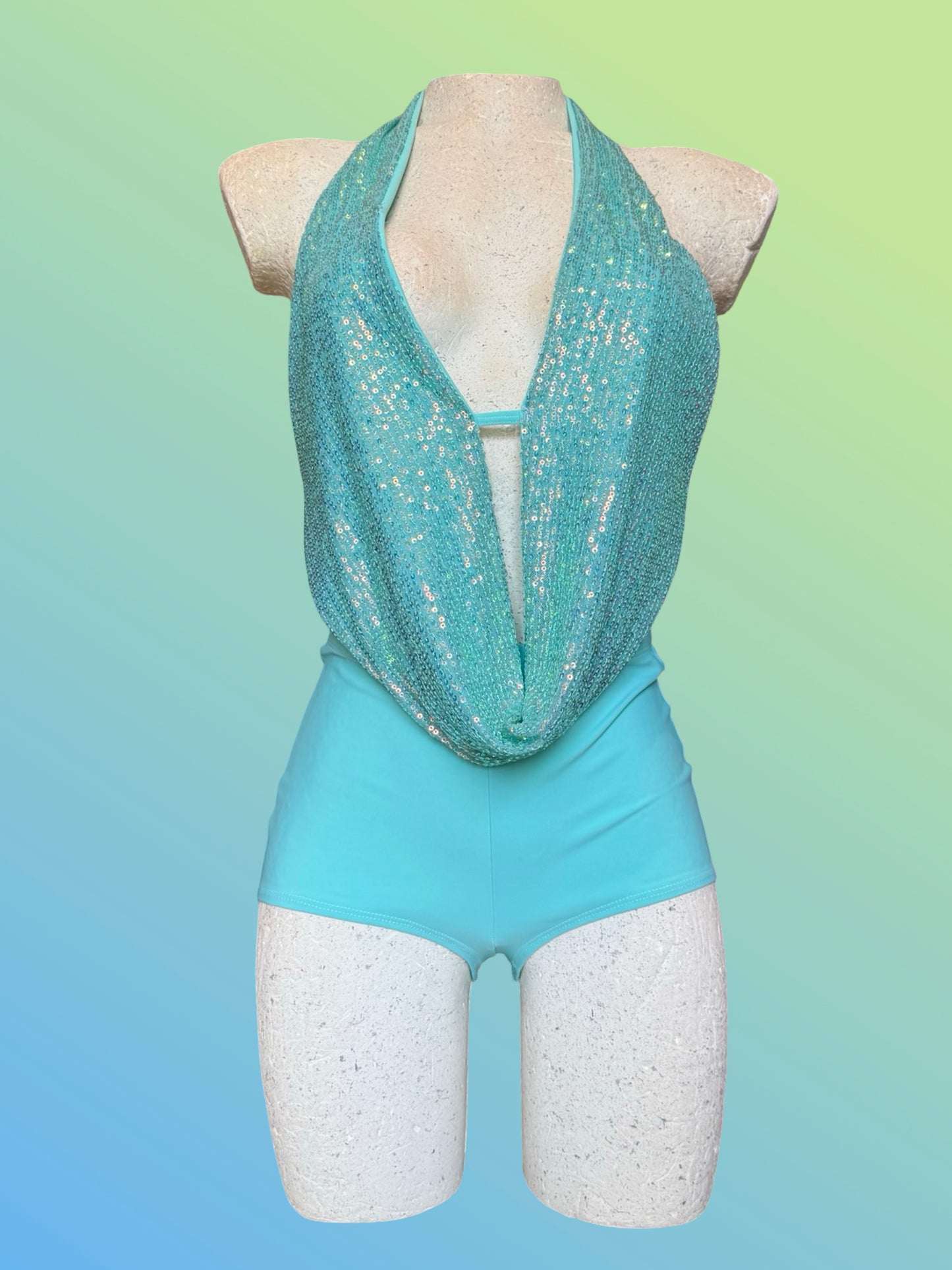Aqua sequin Drop top shorts set