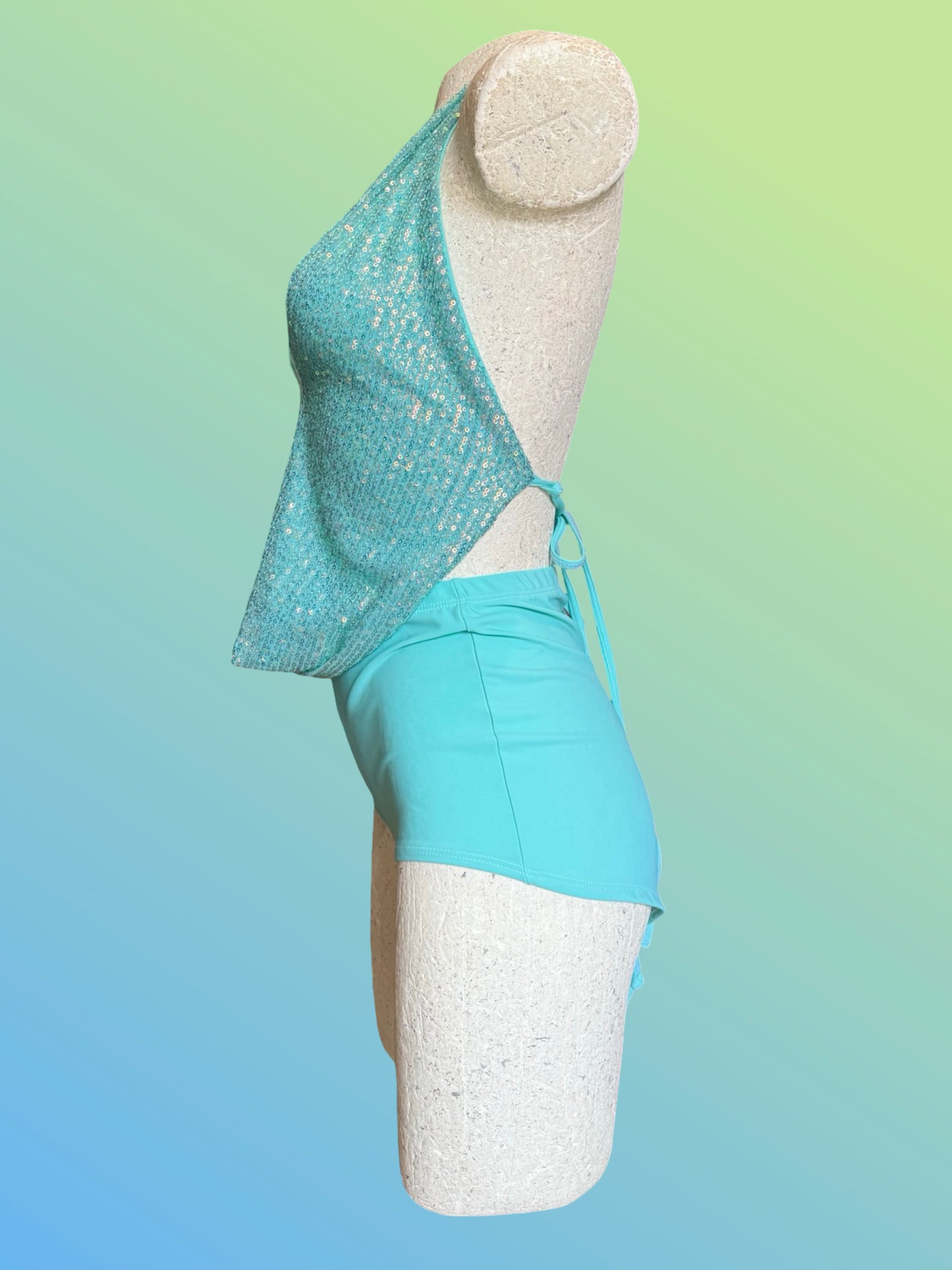 Aqua sequin Drop top shorts set