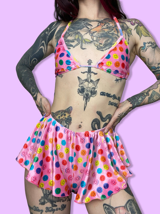 Zero Waste Mini shorts + bound triangle top set - Pink smiley