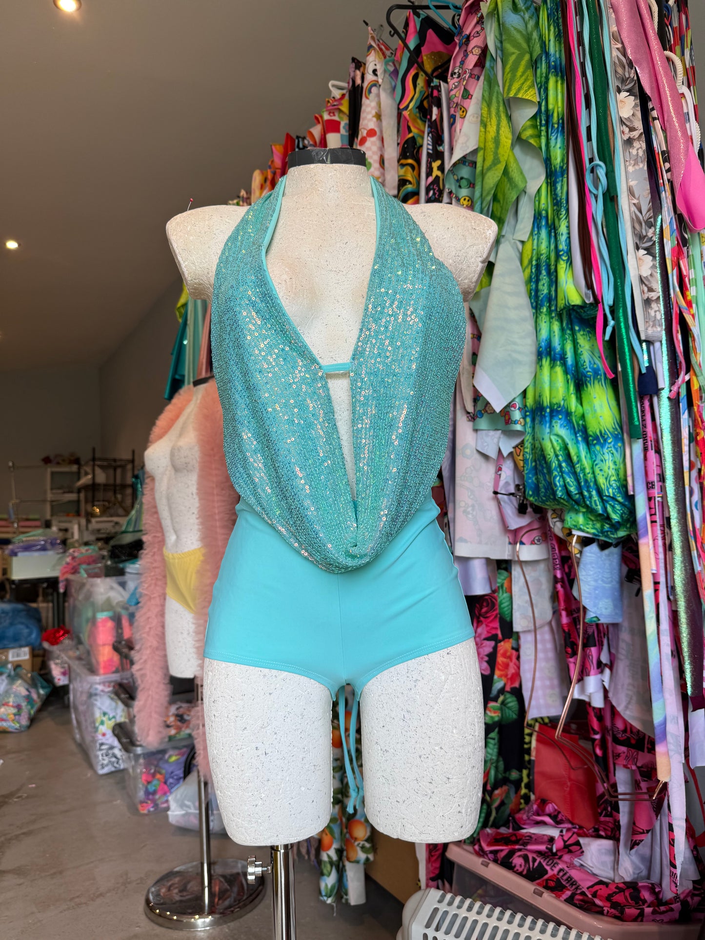 Aqua sequin Drop top shorts set