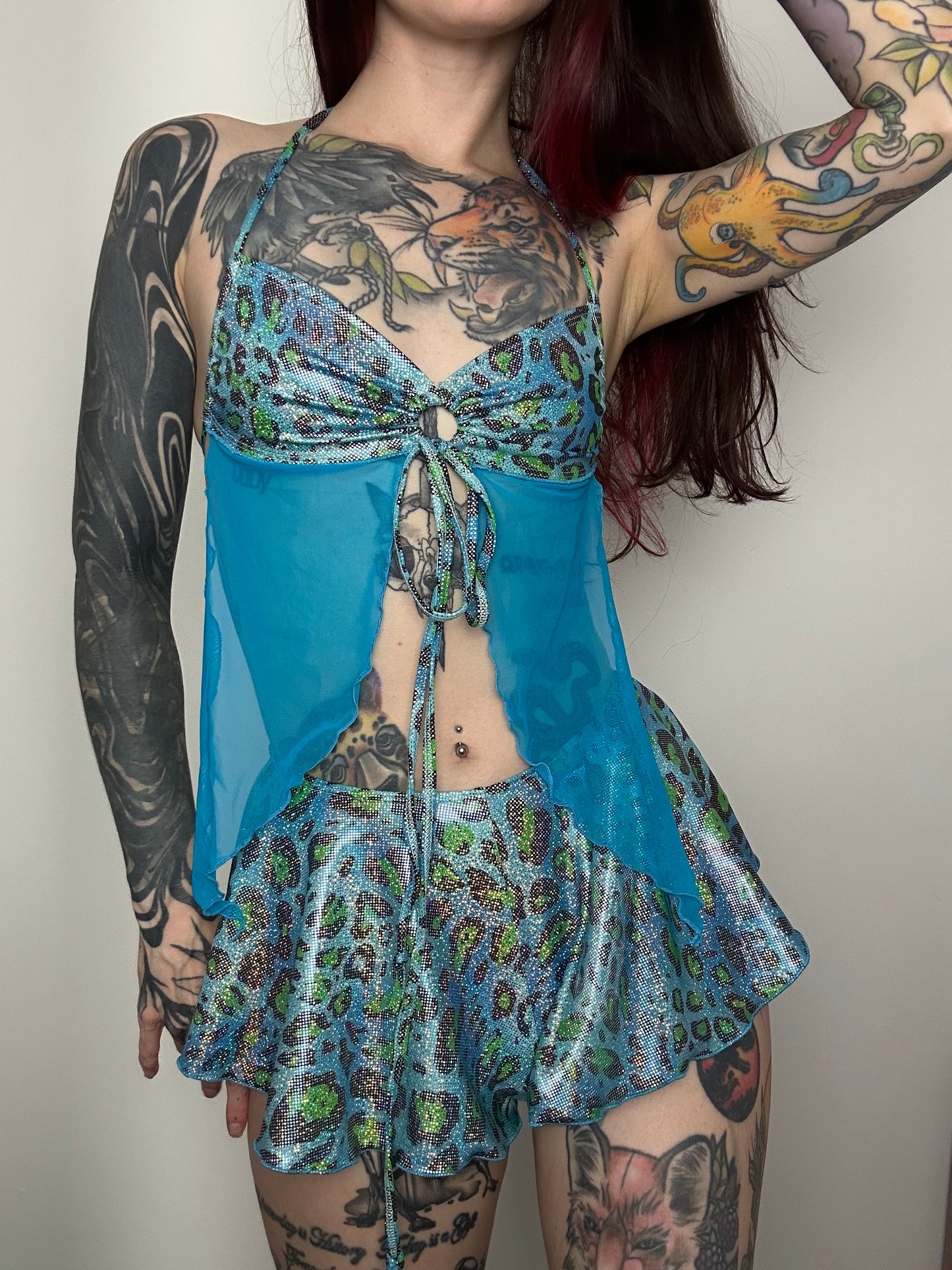 Remixed flared short set - Blue holo Leopard