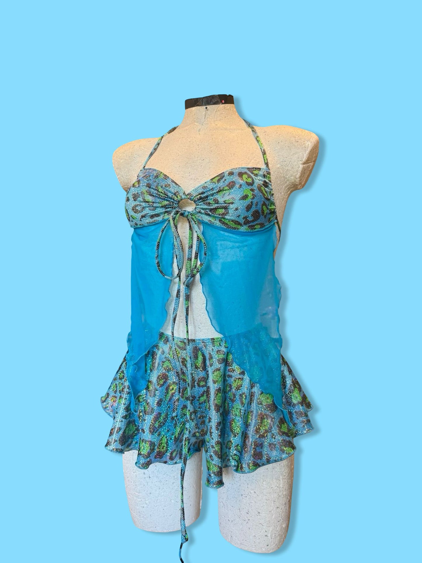 Remixed flared short set - Blue holo Leopard