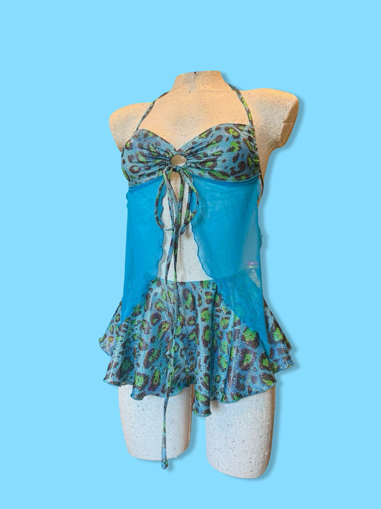 Remixed flared short set - Blue holo Leopard