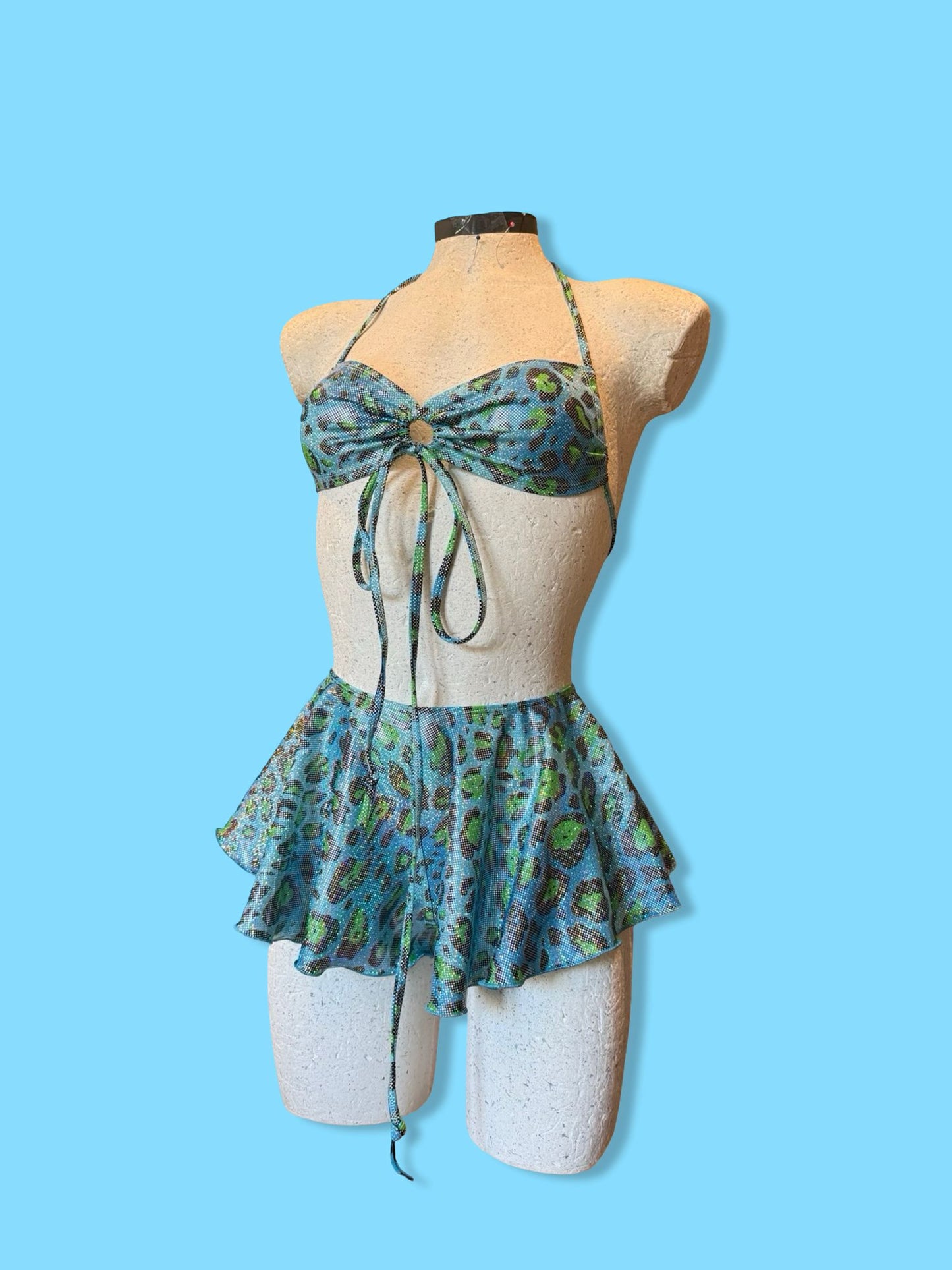 Remixed flared short set - Blue holo Leopard