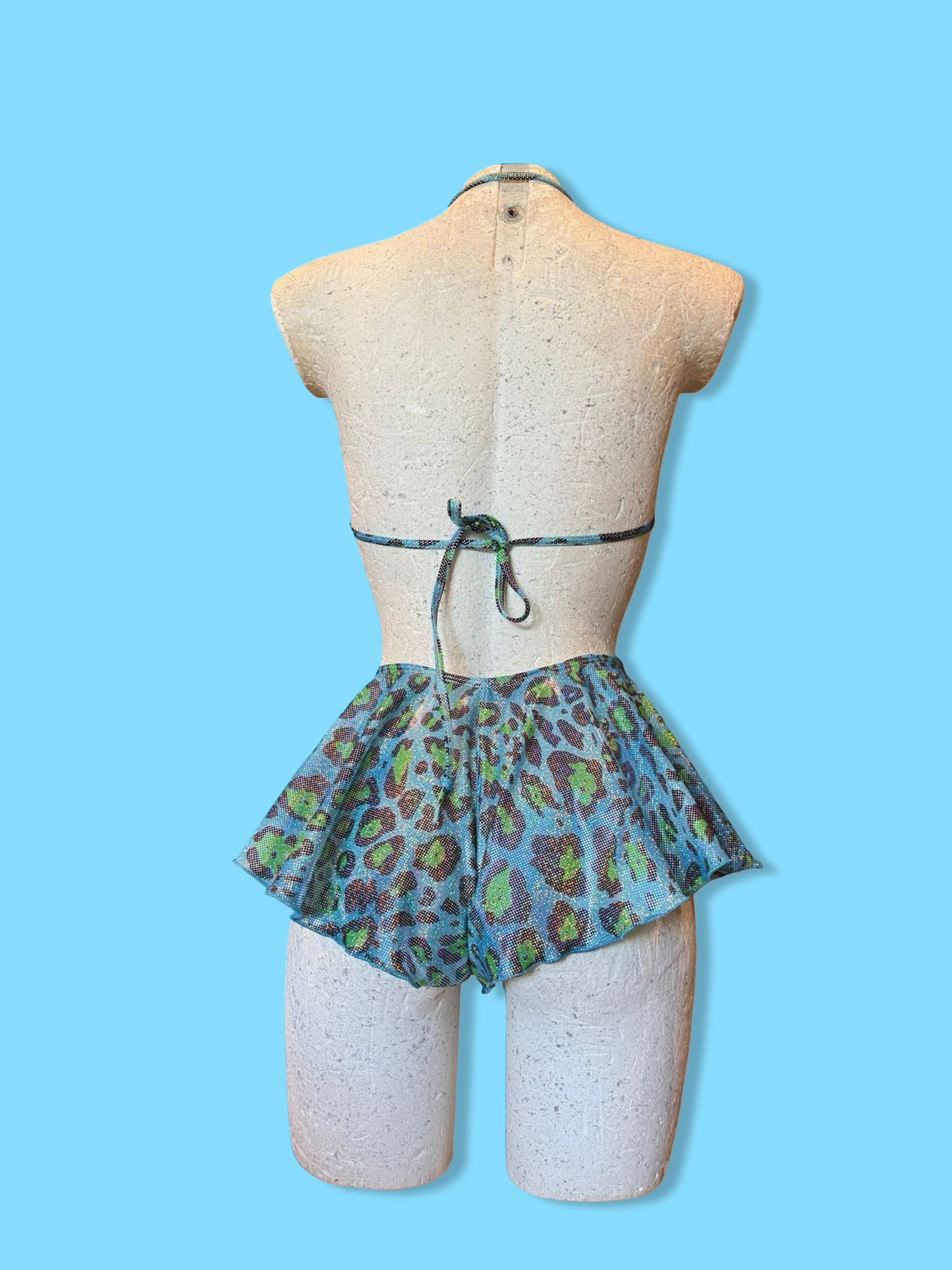 Remixed flared short set - Blue holo Leopard