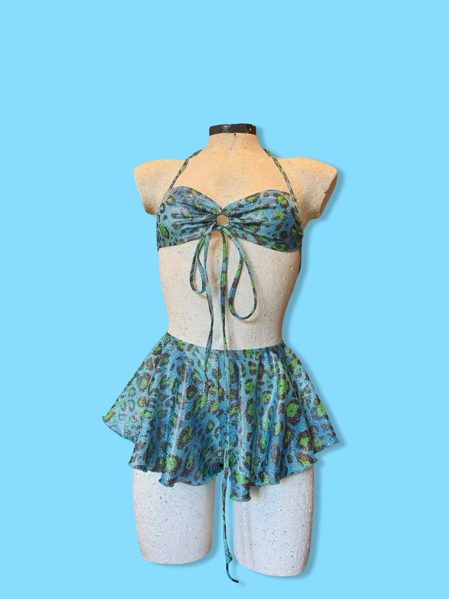 Remixed flared short set - Blue holo Leopard