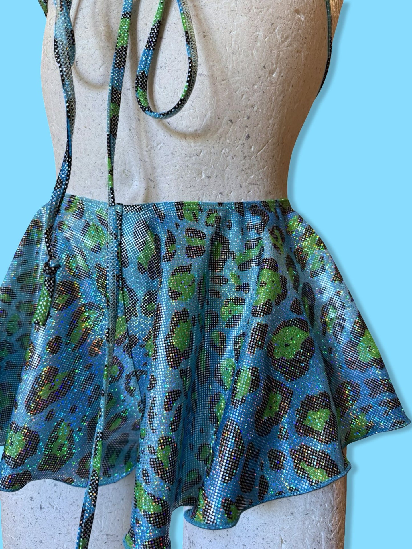 Remixed flared short set - Blue holo Leopard